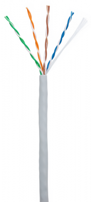 Кабель NETLAN U/UTP 4 пары, Кат.5e (Класс D), 100МГц, одножильный, BC (чистая медь), внутренний, PVC нг(B), серый, 100м
