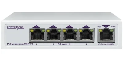PoE коммутатор/удлинитель интерфейса Ethernet 10/100/1000Mbs PEXT 1/4. 4 PoE выхода, 1 PoE вход, совм. с 802.3af/at, до -40С