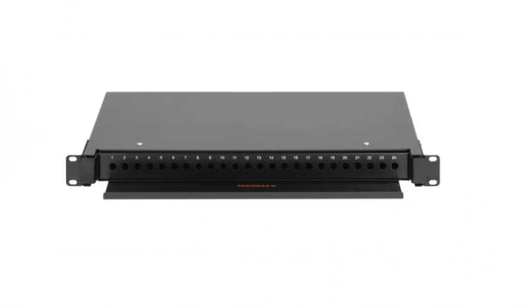 Оптический кросс NIKOMAX 19" Premium Line, 1U, до 24 FC/ST портов, выдвижной, с полкой, черный, в комплекте: сплайс-кассета и КДЗС