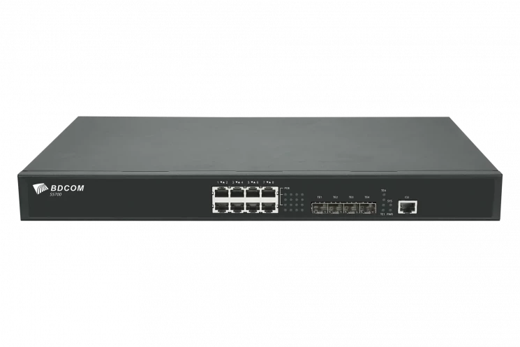 Управляемый коммутатор уровня 3 BDCOM S5700-8EP4X, 8x 2.5GBASE-Т PoE 802.3af/at/bt до 370W, 4x 1/10GE SFP+, ~220V AC