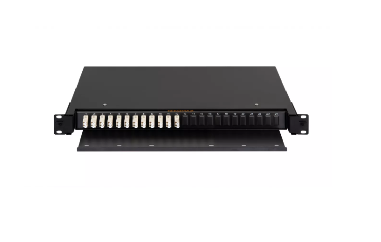 Оптический кросс NIKOMAX 19" Premium Line, 1U, укомплектованный на 24 порта LC/UPC (12 двойных LC/UPC адаптеров), MM 50/125 OM2, выдвижной, с полкой