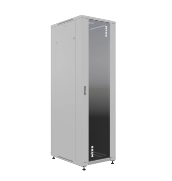19" Напольный серверный шкаф NTSS ПРЕМИУМ 42U 600x600 мм, передняя дверь стекло, задняя глухая металл, боковые стенки, регулируемые опоры, RAL 7035