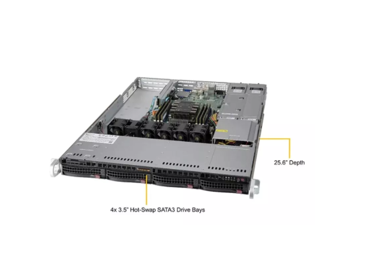 Платформа Supermicro 1U SYS-5019P-WTR, один процессор Inte l Xeon Scalable, DDR4, 4x3,5" HDD SATA, 2x10Gb Base-T