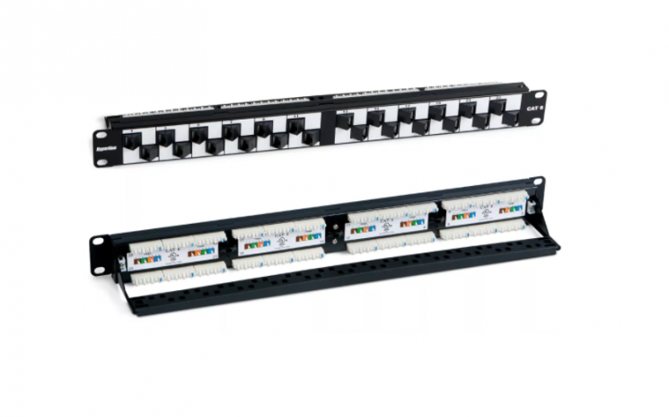 Патч-панель 19", 1U, с угловыми портами, 24 порта RJ-45, категория 6, Dual IDC