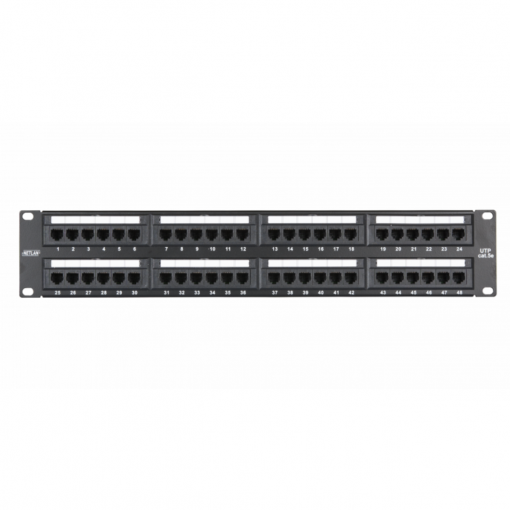 Коммутационная панель NETLAN 19", 2U, 48 портов, Кат.5e (Класс D), 100МГц, RJ45/8P8C, 110/KRONE, T568A/B, неэкранированная, черная