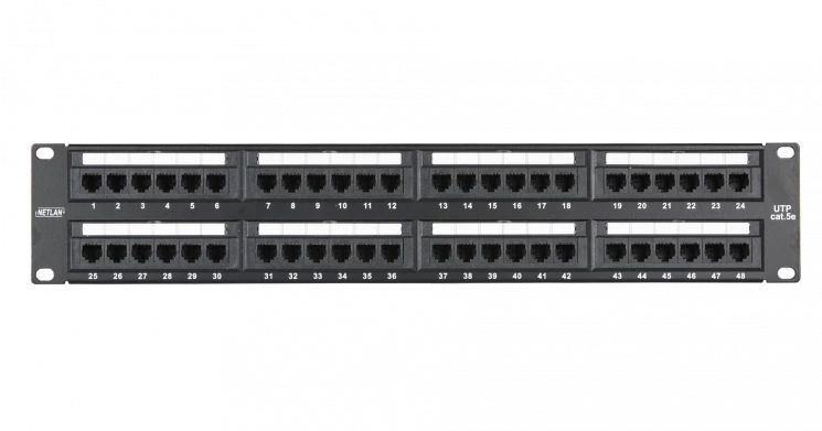 Коммутационная панель NETLAN 19", 2U, 48 портов, Кат.5e (Класс D), 100МГц, RJ45/8P8C, 110/KRONE, T568A/B, неэкранированная, черная