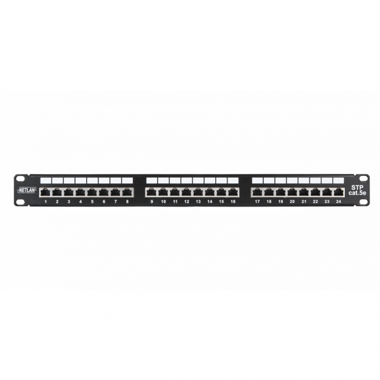 Коммутационная панель NETLAN 19", 1U, 24 порта, Кат.5e (Класс D), 100МГц, RJ45/8P8C, 110/KRONE, T568A/B, экранированная, черная