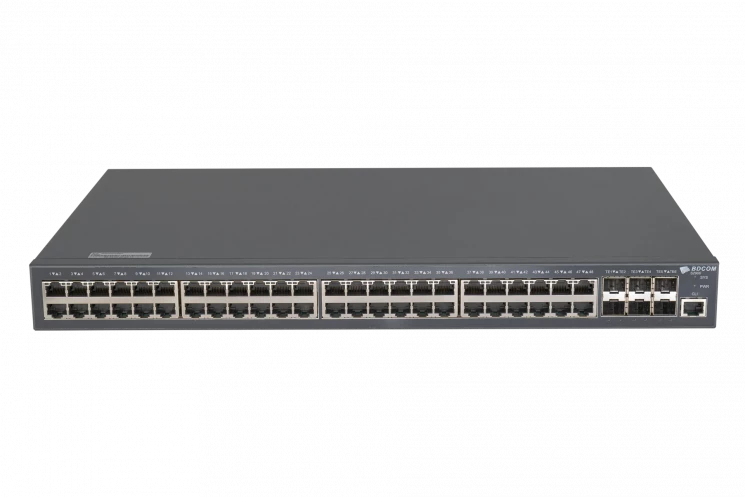 Управляемый PoE коммутатор уровня 3 BDCOM S2900-48P6X, 48x 10/100/1000Base-T PoE 802.3af/at до 740W, 6x 1/10GE SFP+, 220VAC + 44-57VDC