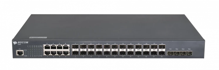 Управляемый коммутатор уровня 3 BDCOM S2900-24S8C4X, 16x 100/1000BaseX SFP, 8x Combo 10/100/1000BaseT / 100/1000BaseX SFP, 4x 1/10GE SFP+, 220VAC