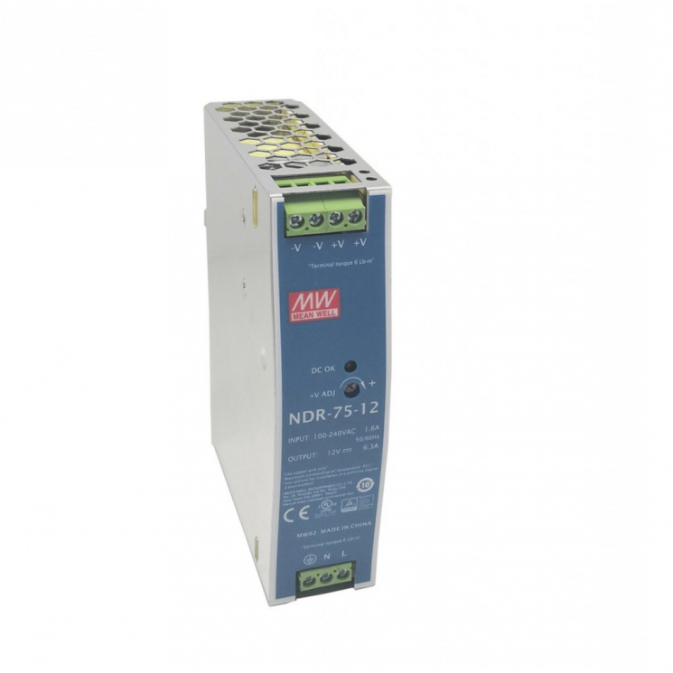 NDR-75-12 Блок питания на DIN-рейку, 12В, 6,3А, 75Вт Mean Well