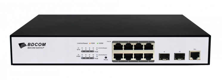 Управляемый PoE коммутатор уровня 2 BDCOM S2510-P, 8x 10/100/1000Base-T, 2x 100/1000BASE-X (SFP), PoE 802.3af/at до 130W, 220VAC