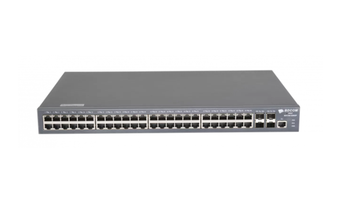 Управляемый коммутатор уровня 3 BDCOM S2952P, 48x 10/100/1000BaseT PoE 802.3af/at до 740W, 4x 1/10GE SFP+, 220VAC + 44-57VDC
